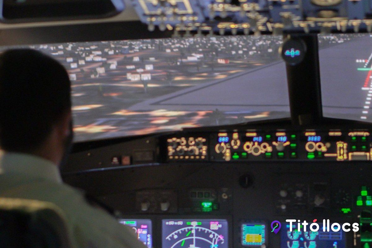 Cabina d'un simulador de vol amb la ciutat projectada a la pantalla, a l'Aeroclub Barcelona-Sabadell