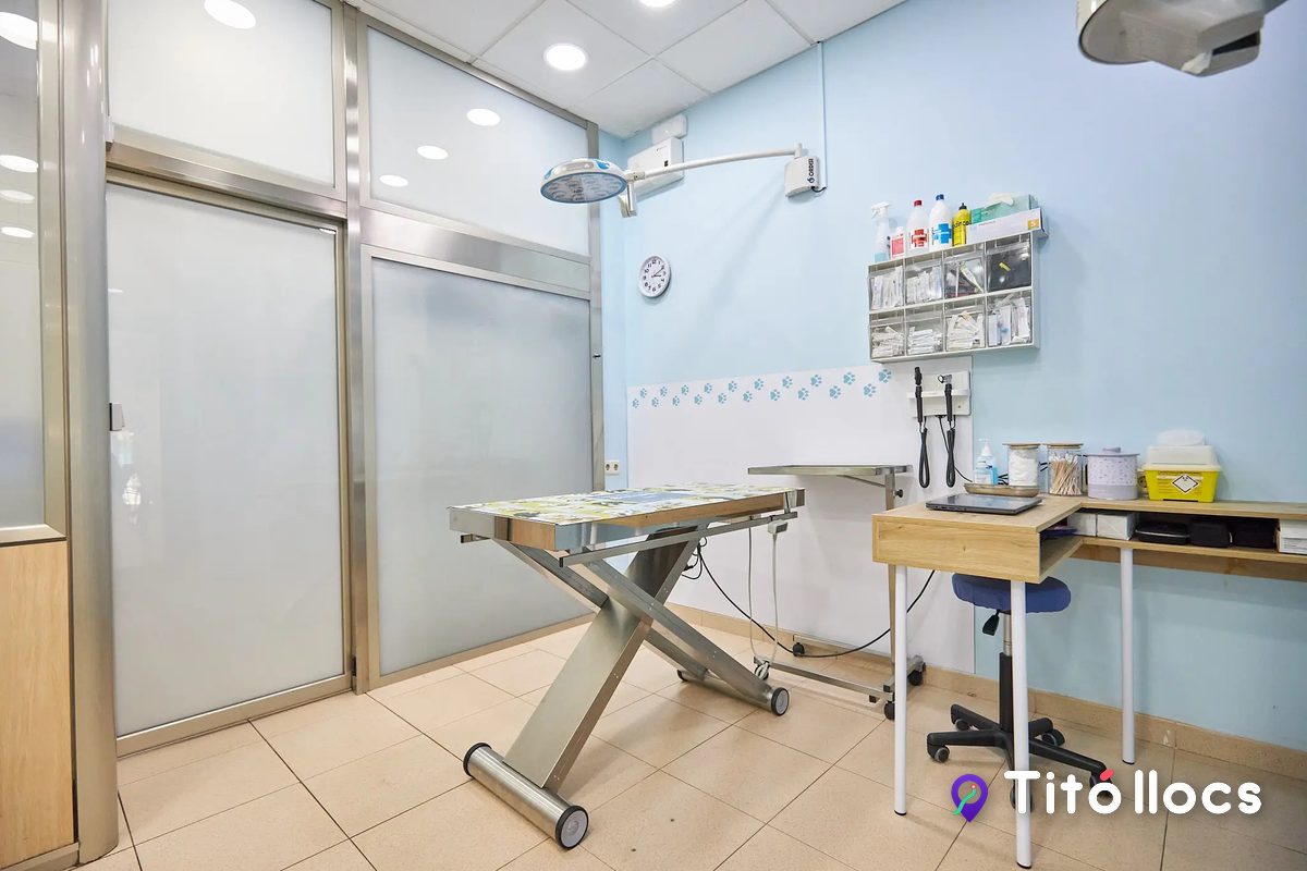 Sala de consulta de la clínica amb taula d'exploració elevable i llum de treball