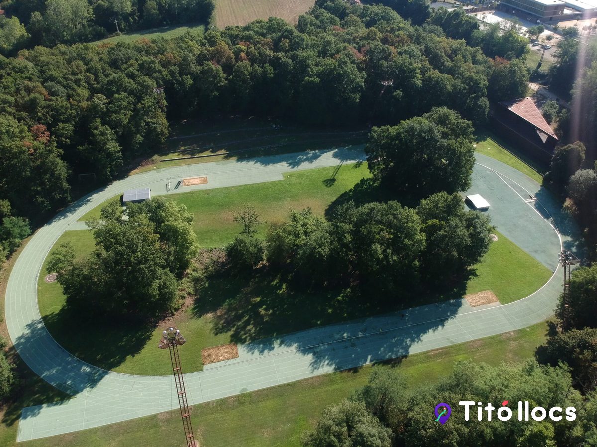 Vista aèria de la pista d'atletisme i de l'entorn boscós del Parc Atlètic Tossols, a Olot