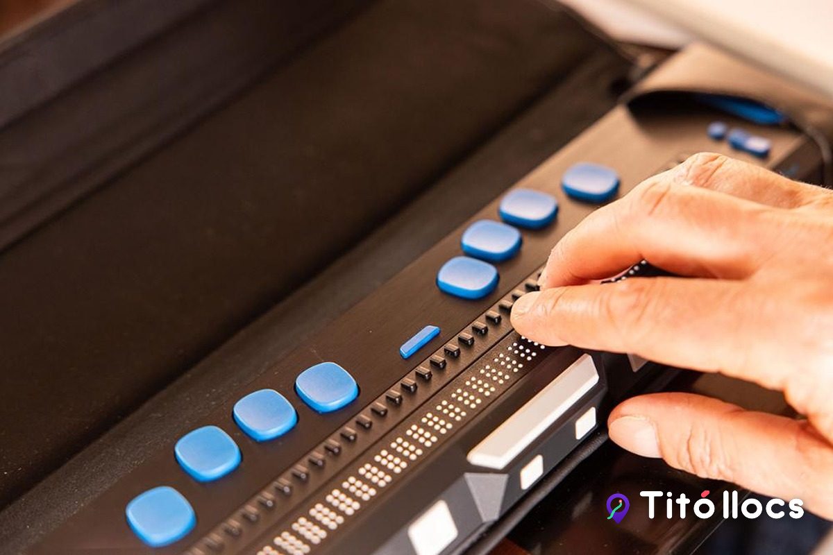 Mans llegint una línia de braille en una màquina d'escriptura braille, al Servei Bibliogràfic de l'ONCE